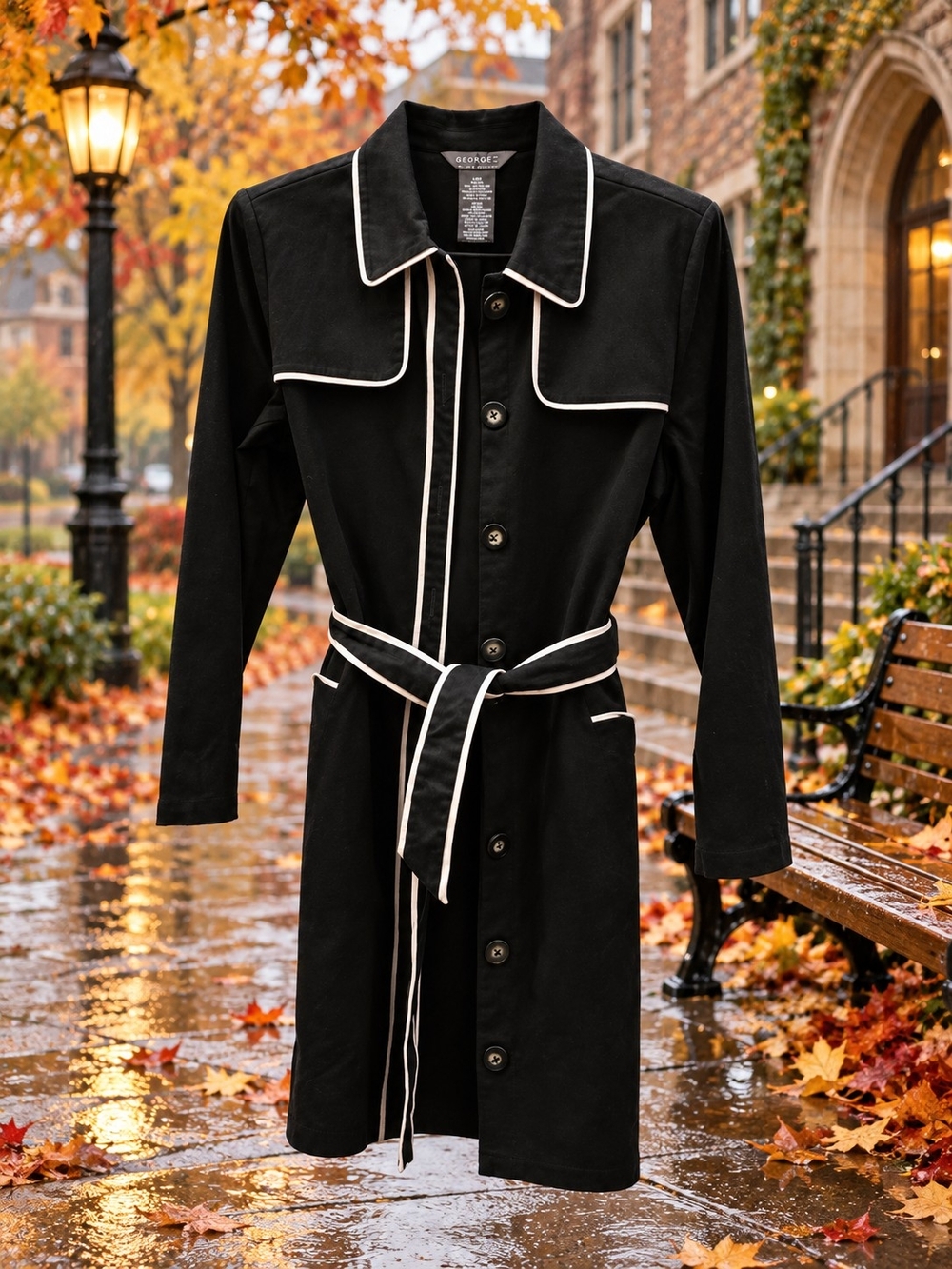 Black Trench Coat with White Piping Never Worn Excellant Condition